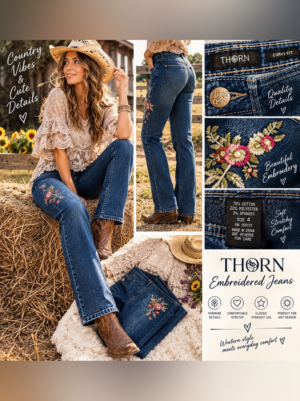THORN Curvy Fit Jeans S~4 Embroidered Floral Stretch Crop Ankle Denim Boho 🎥